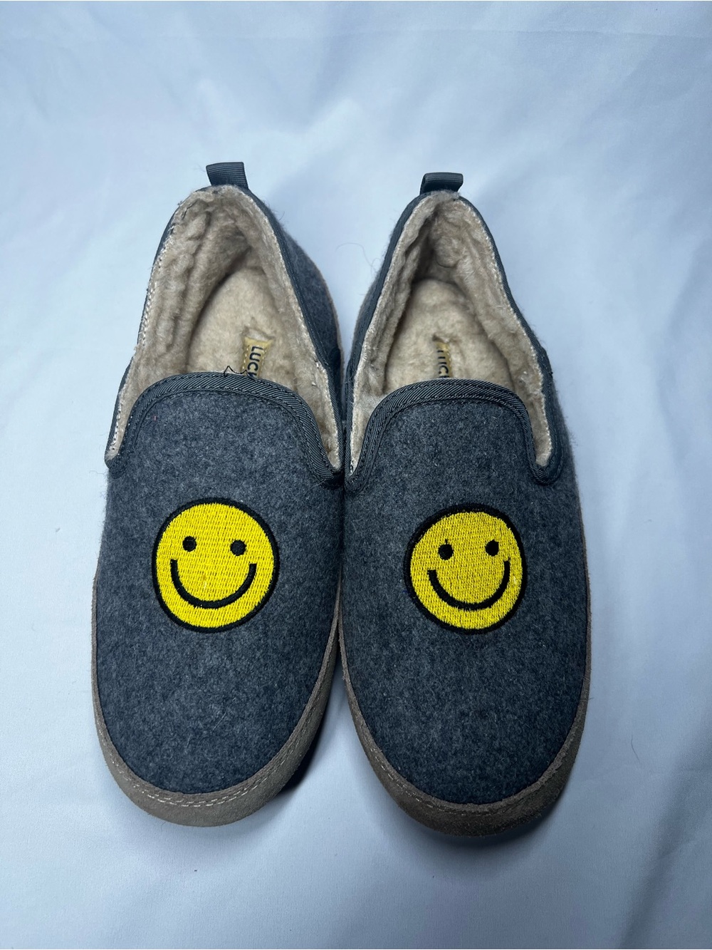 Lucky Brand Women’s Faux Wool Slippers with Smiley Face